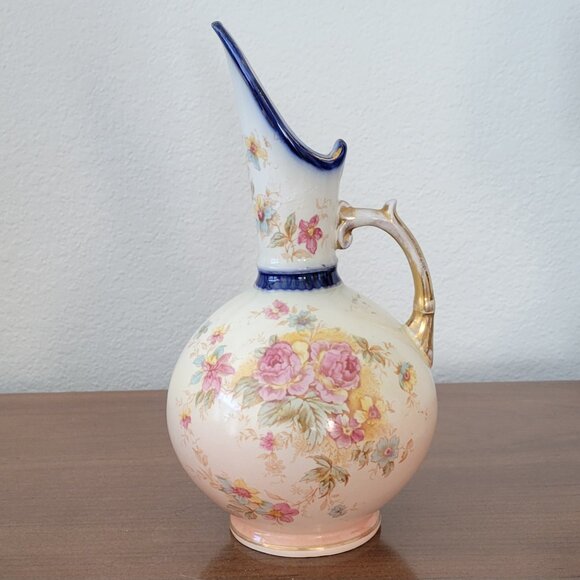 Antique Floral Porcelain Pitcher Vase | Jersey Pottery England | Gilt Handle - Picture 12 of 12